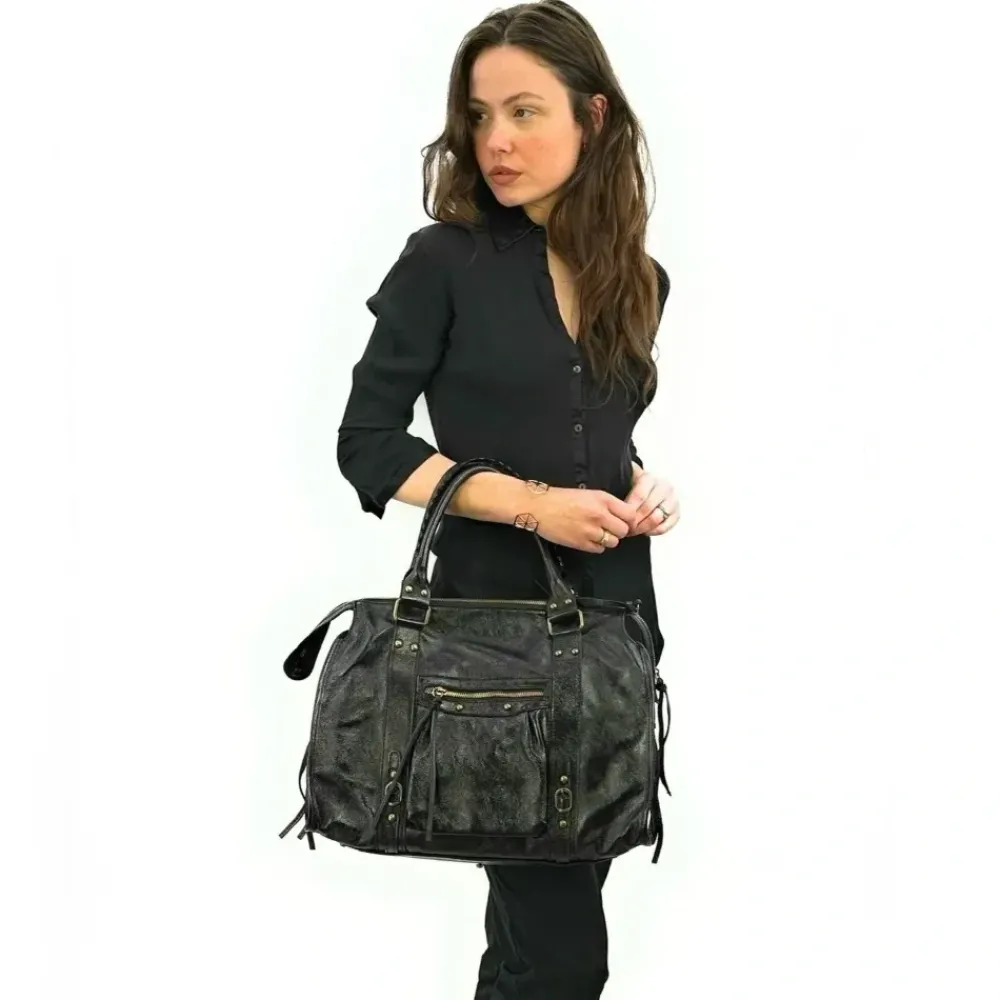 OH MY BAG Sacs De Rentrée, Bureau, Cours-Sac à main best-seller en cuir SANDSTORM Noir Brillant noir glossy