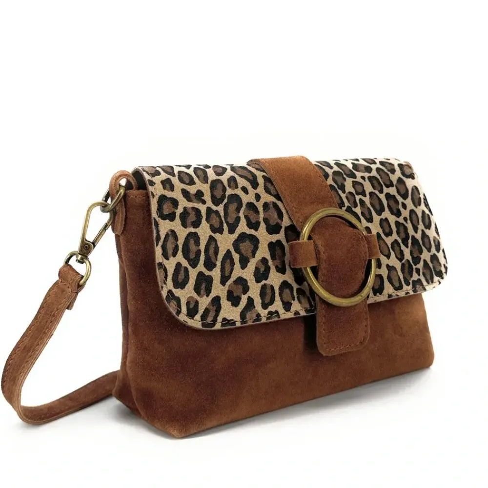 OH MY BAG Sacs En Daim, Nubuck, Suédé-Sac à main en cuir nubuck imprimé léopard VERONE SUEDE LEO camel