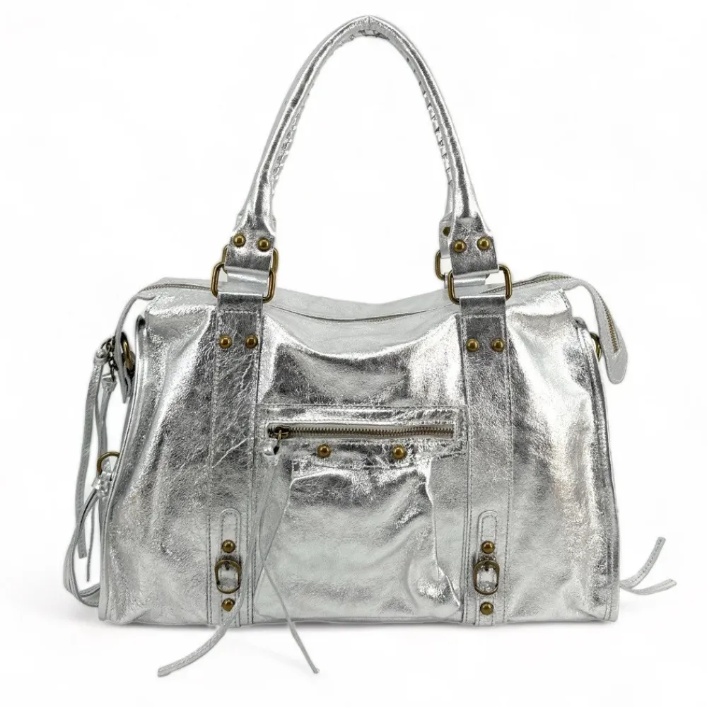 OH MY BAG Sacs De Rentrée, Bureau, Cours-Sac à main et bandoulière en cuir métallisé SANDSTORM argent clair