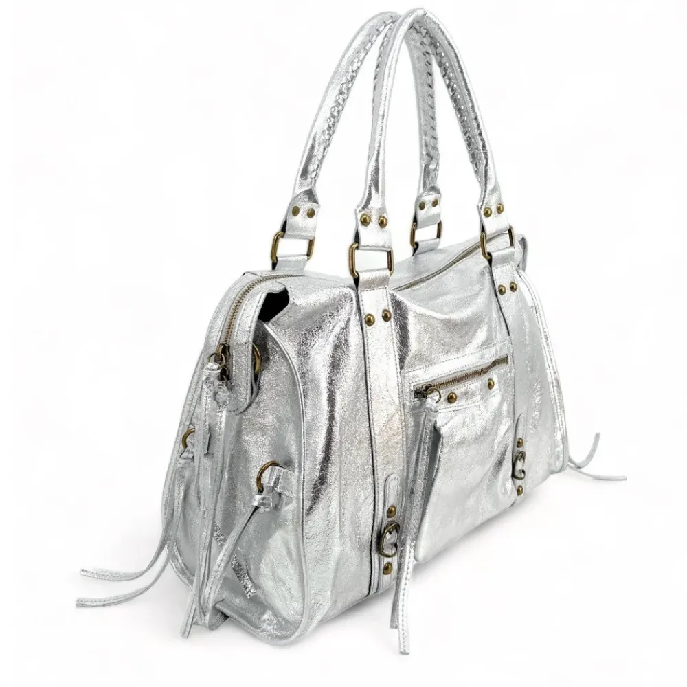 OH MY BAG Sacs De Rentrée, Bureau, Cours-Sac à main et bandoulière en cuir métallisé SANDSTORM argent clair