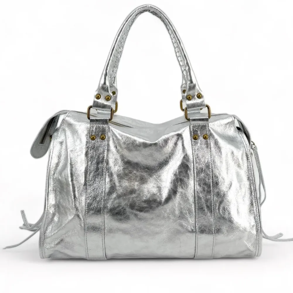 OH MY BAG Sacs De Rentrée, Bureau, Cours-Sac à main et bandoulière en cuir métallisé SANDSTORM argent clair