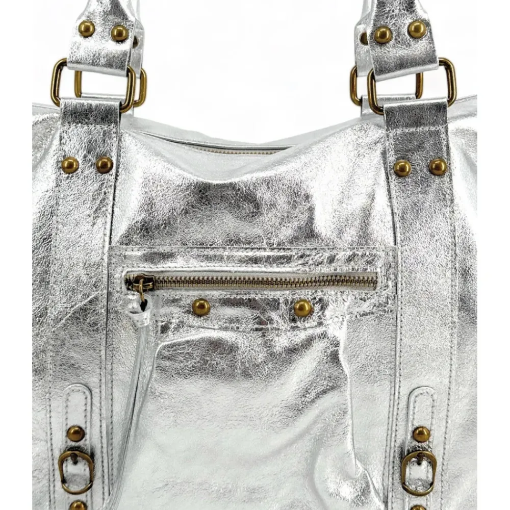 OH MY BAG Sacs De Rentrée, Bureau, Cours-Sac à main et bandoulière en cuir métallisé SANDSTORM argent clair